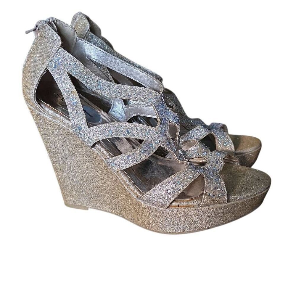 Sbicca Women's Size 7 Krystal Champaign Rhinestone Strappy Wedge Heels